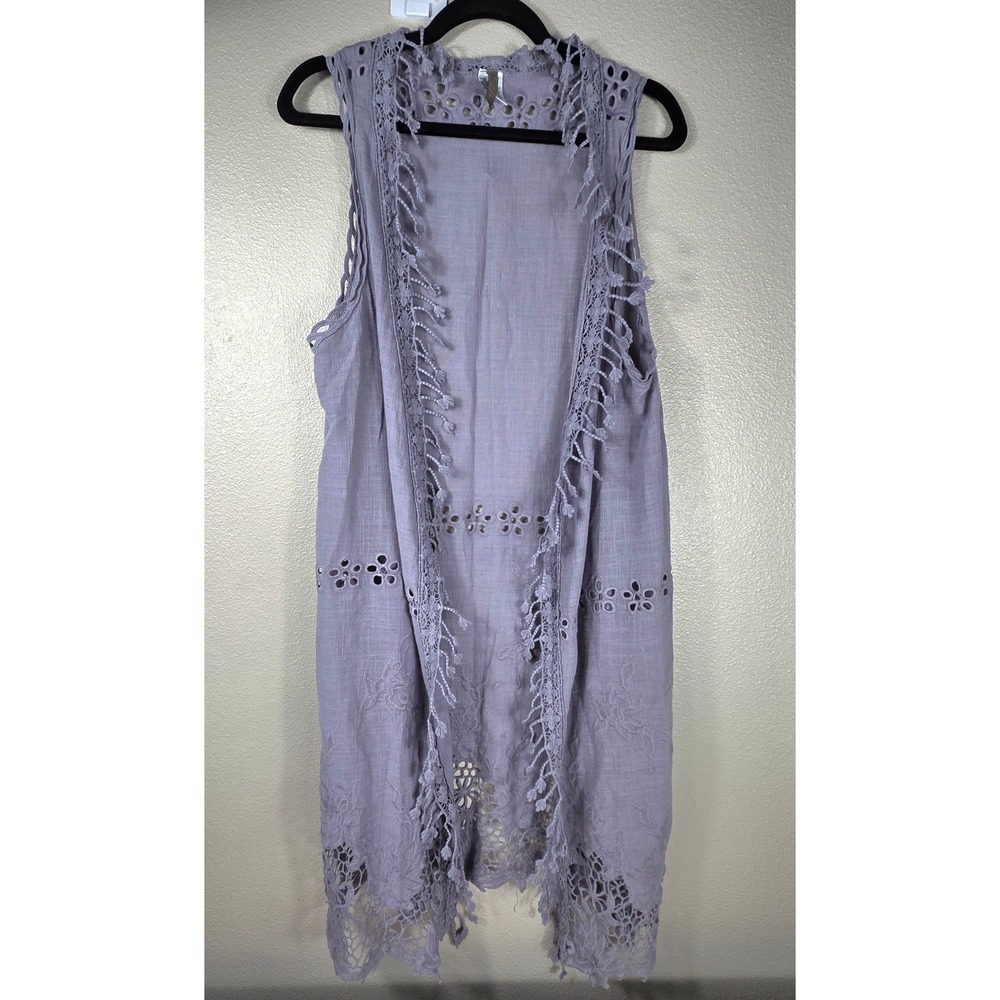 XCVI Embroidered Lace Open Front Duster Vest Women L Gray Boho Longline